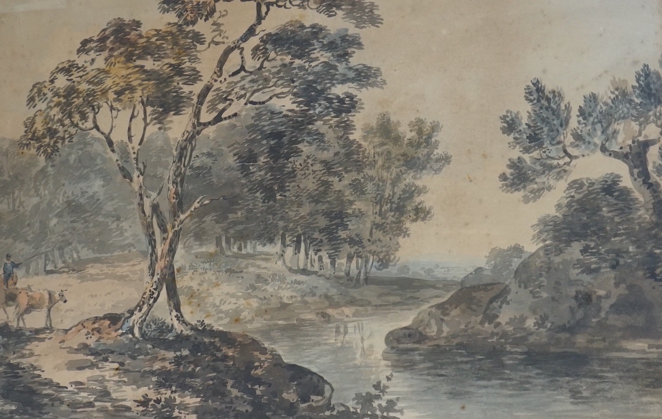 Attributed to John Laporte (1761-1839), watercolour, Cattle drover beside a river, label verso, 31 x 47cm